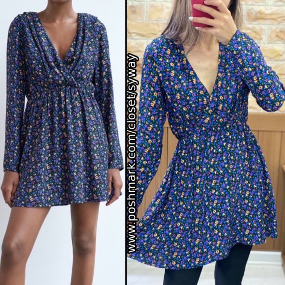 Zara Floral Surplice Neckline Mini Dress